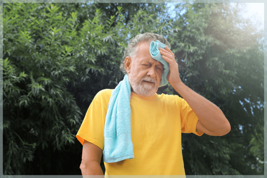 Blood Pressure Medication And Sun Exposure - Overheated Senior Man Wiping His Face With A Towel - MeetCaregivers
