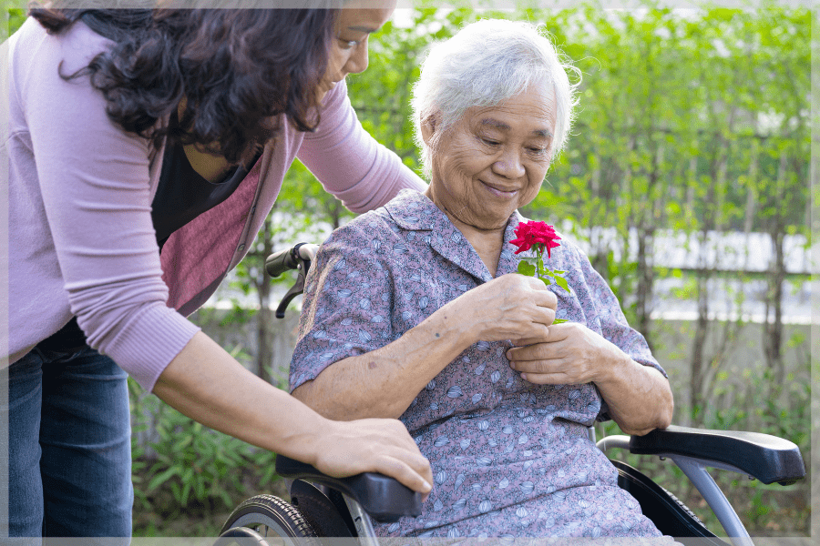 Activities for seniors with limited mobility - Wheelchair-bound elderly woman holding a red carnation from her adult daughter- MeetCaregivers