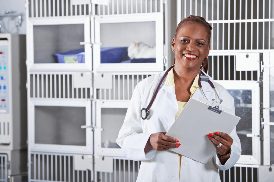 Veterinarian standing in front of cat cages holding a clipboard.