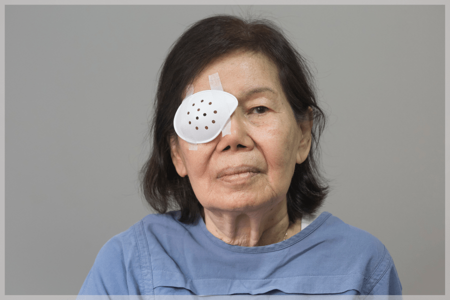 Glaucoma Awareness Month - Older woman wearing eye shield after cataract surgery - MeetCaregivers
