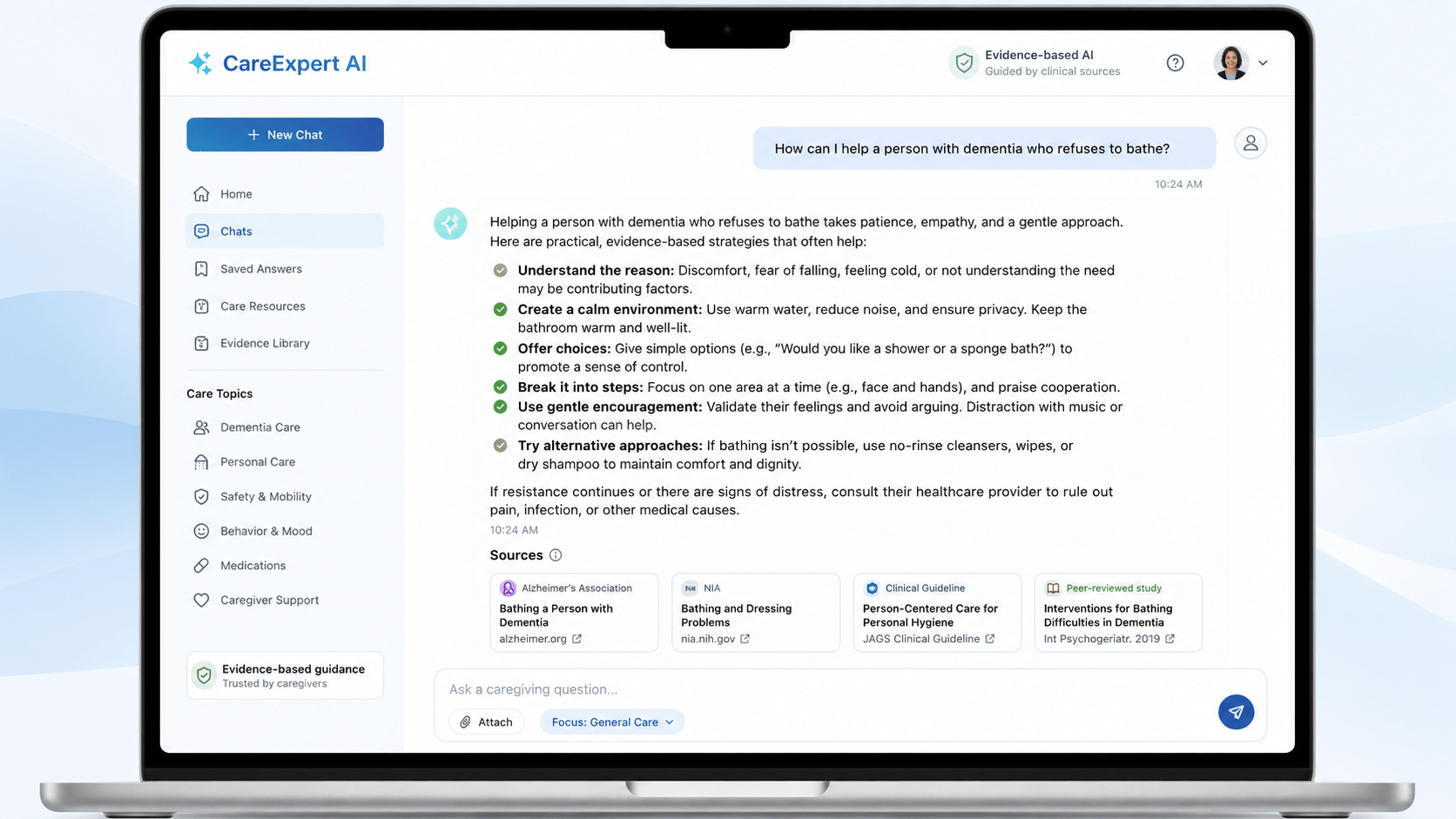 CareExpert AI caregiving chat with source citations